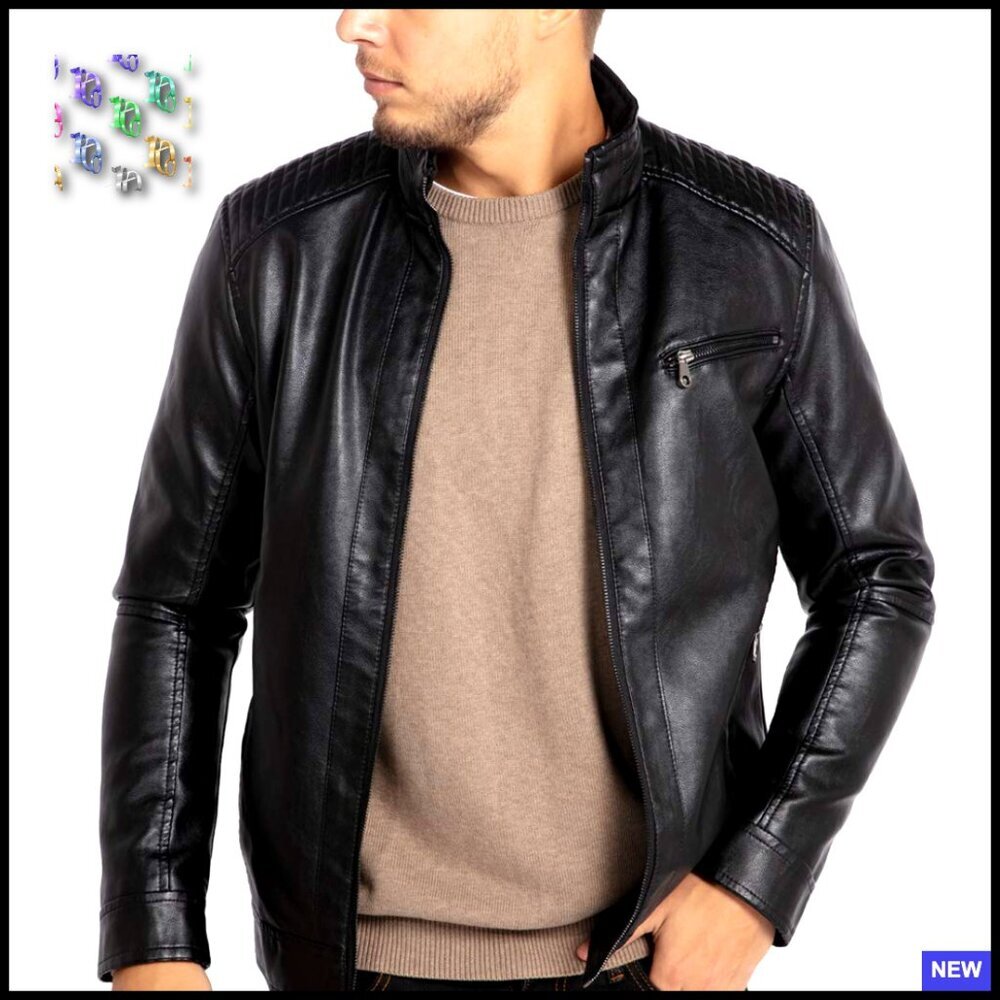 Men's Slim Fit Faux Leather Motorcycle Jacket Classic Stand Collar Lightweight